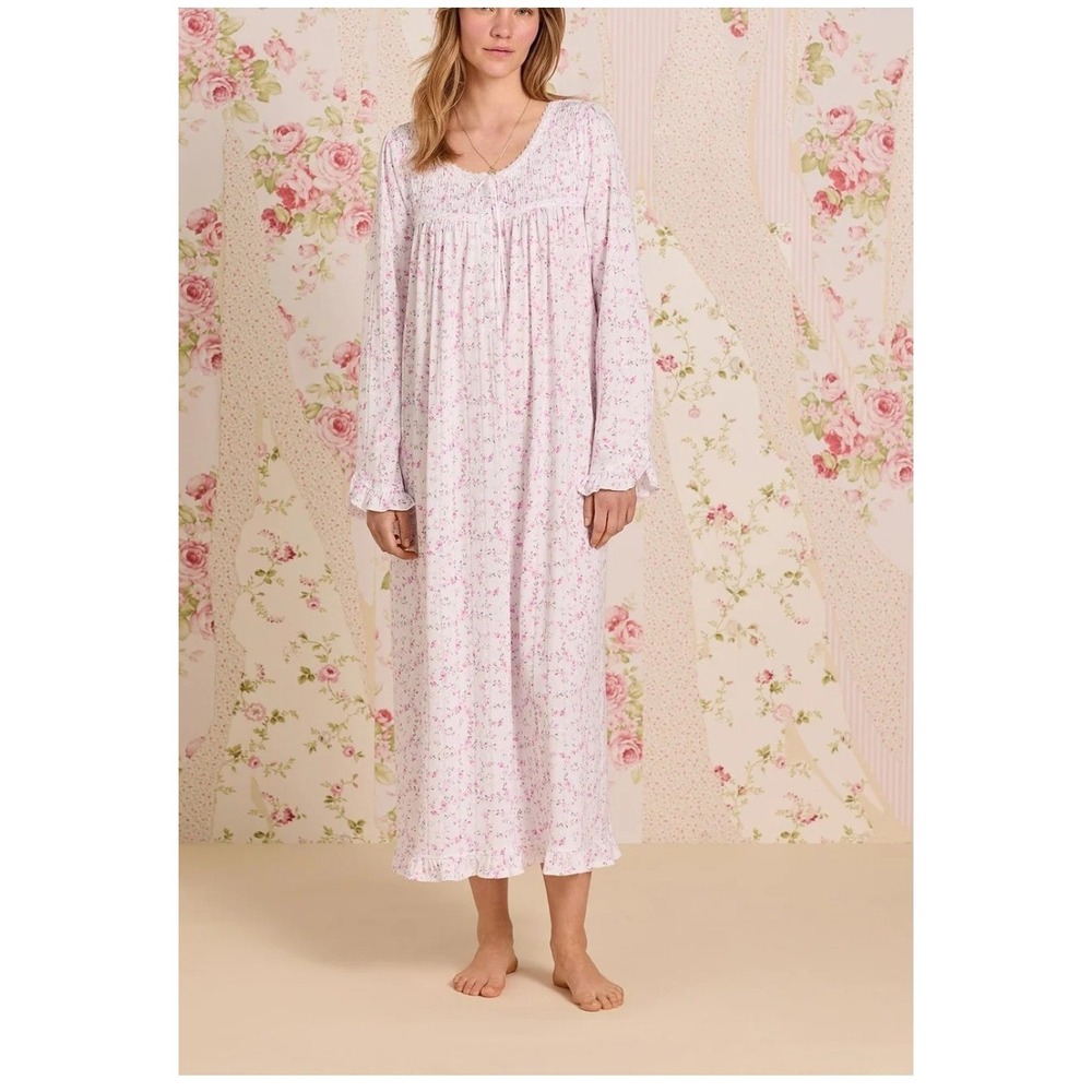 Eileen West Nightgown Medium White Pink Floral Pointelle Knit Lace E00095